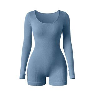 OQQ Rompers Womens Small Blue Stretch Knit Rib Seamless Long Sleeve Round Neck